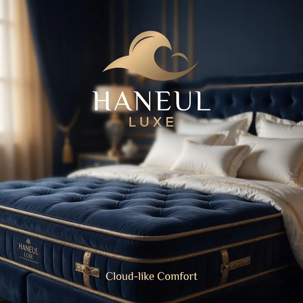 네이비 터프팅 매트리스 위 흰 침구, 벽에 HANEUL LUXE 로고