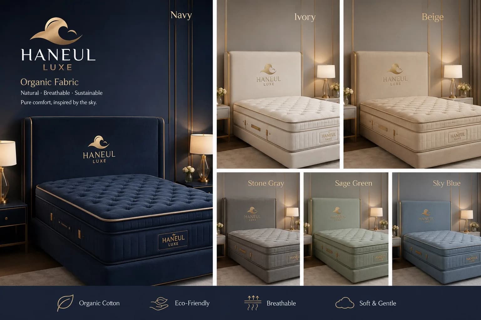 네이비, 아이보리, 베이지, 그레이, 세이지, 블루 색의 HANEUL LUXE 매트리스 모음