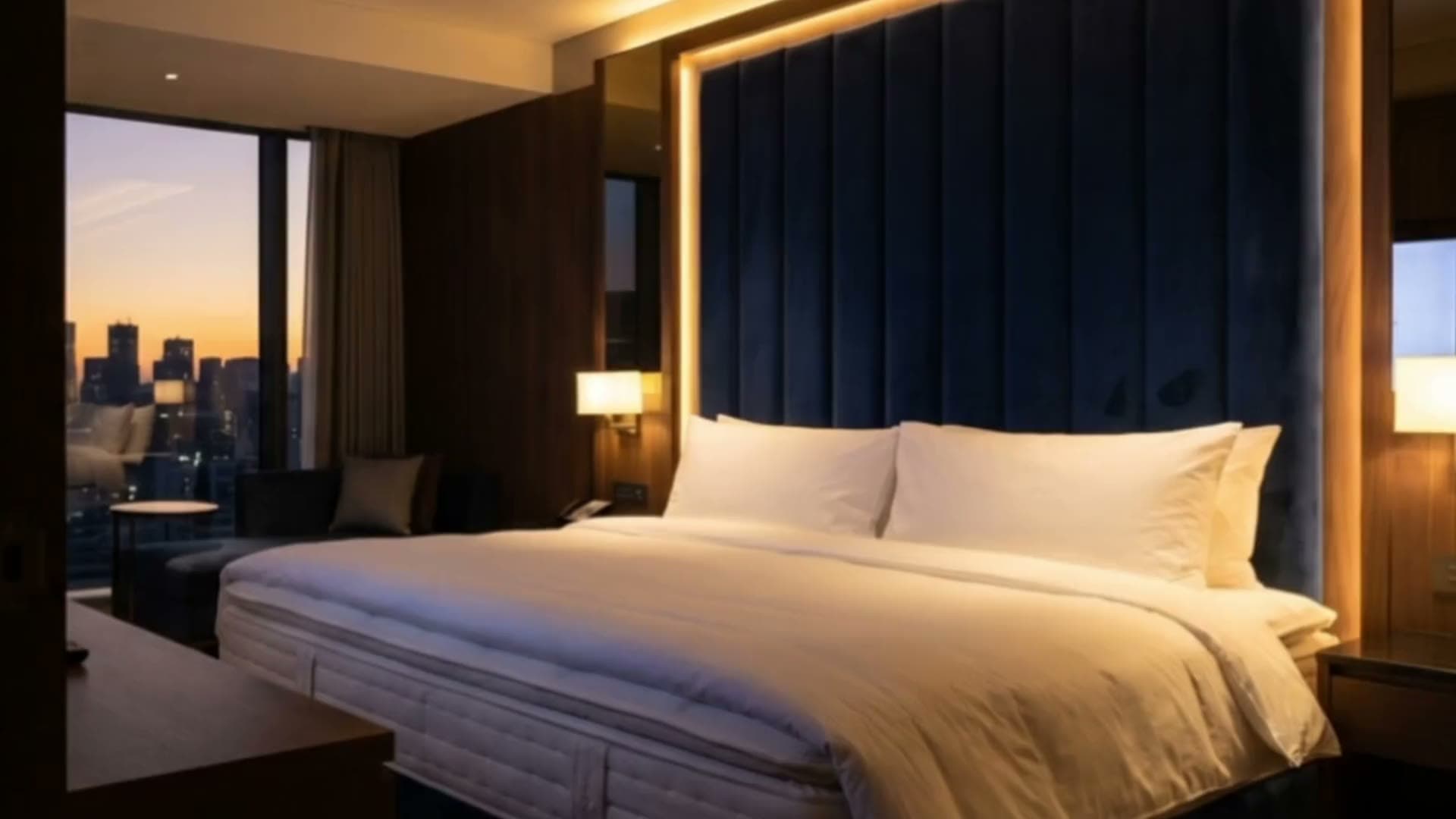 호텔 객실, 초소형 스프링, 매트리스 설치, 반려동물 장면이 이어지는 HANEUL LUXE 영상